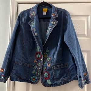 Ruby Rd Aztec Boho Embroidered Denim Jean Jacket Floral Size 16W